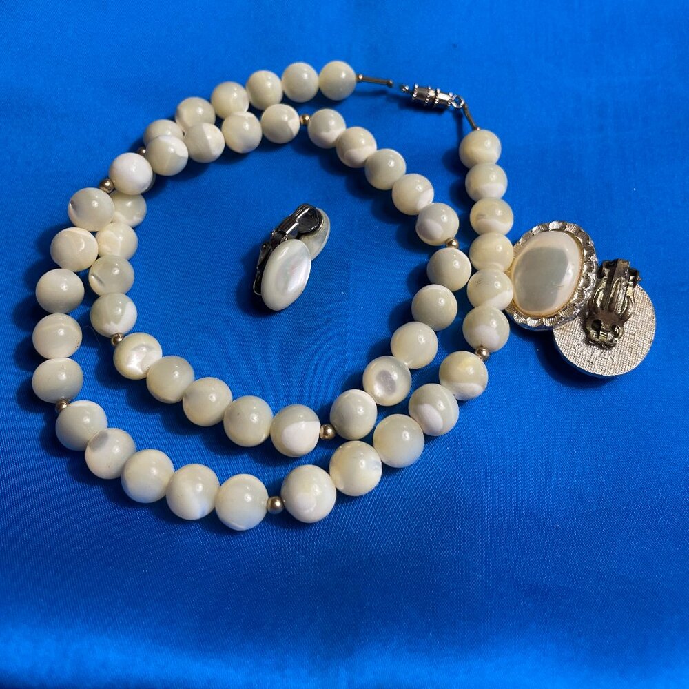 Vintage Mother of Pearl Bead Necklace and Matching Clip-On Earrings Sets